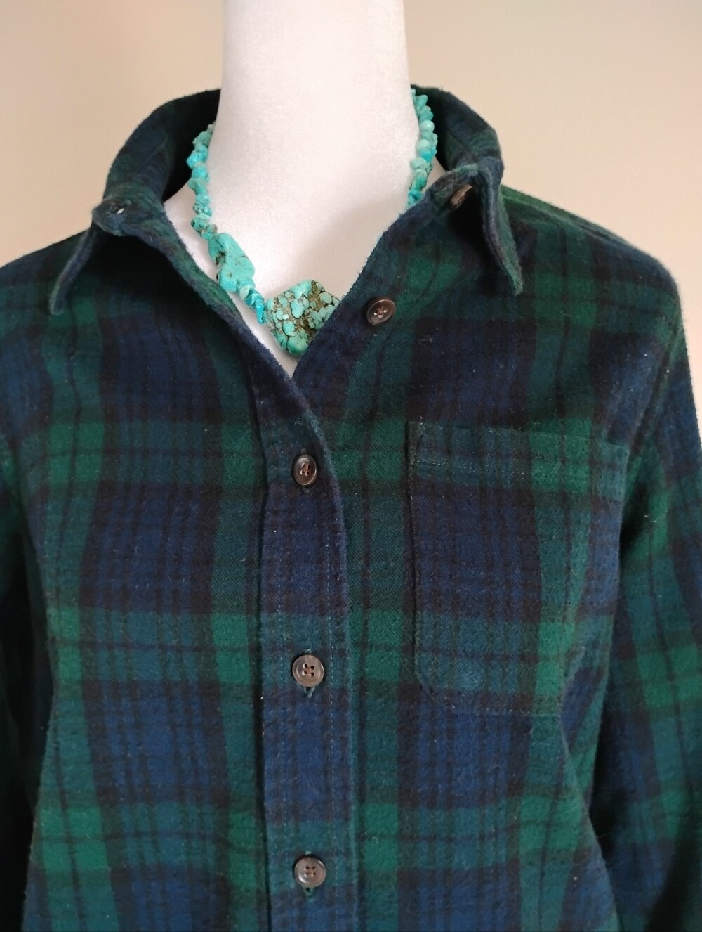 L. L. Bean Cotton Flannel Button Up Shirt Blue Green Tartan Plaid Classic Size S